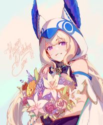 Rule 34 | 1girl, 3four, bare shoulders, blonde hair, blue nails, bouquet, clothing cutout, commentary, english commentary, enna alouette, flower, happy birthday, head wings, highres, holding, holding bouquet, hood, hood up, long hair, looking at viewer, nail polish, nijisanji, nijisanji en, parted lips, purple eyes, purple flower, purple wings, red flower, red rose, rose, shoulder cutout, simple background, smile, solo, virtual youtuber, white background, white flower, white rose, wings
