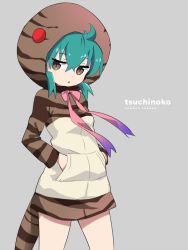 Rule 34 | 10s, 1girl, ahoge, aqua hair, brown eyes, character name, commentary, copyright name, cowboy shot, crossed bangs, dot nose, expressionless, eyelashes, gradient ribbon, grey background, hair between eyes, hands in pockets, hood, hoodie, ica, jitome, kemono friends, long sleeves, multicolored ribbon, neck ribbon, no legwear, open mouth, pink ribbon, pocket, purple ribbon, ribbon, romaji text, sidelocks, simple background, snake tail, solo, striped clothes, striped hoodie, striped tail, tail, triangle mouth, tsuchinoko (kemono friends)