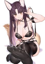 Rule 34 | absurdres, animal ear fluff, animal ears, black bra, black collar, black thighhighs, bra, breasts, brown eyes, brown hair, cleavage, collar, commentary, english commentary, feet, foot focus, fox ears, fox girl, fox tail, hand in own hair, highres, kamidori alchemy meister, kohakuren, large breasts, leaning forward, leash, long hair, neonbeat, parted bangs, smile, soles, solo, tail, thighhighs, underwear, underwear only, v-shaped eyebrows