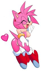 Rule 34 | 1girl, amy rose, animal ears, boots, breasts, cleft of venus, full body, gloves, green eyes, heart, large breasts, nipples, open mouth, pink hair, simple background, solo, sonic (series), watatanza, white background