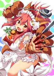 Rule 34 | 1girl, animal ear fluff, animal ears, animal hands, apron, bare shoulders, bell, between breasts, blush, blush stickers, breasts, carrot, cat hair ornament, cat paws, cleavage, collar, commentary, commentary request, fangs, fate/grand order, fate (series), food, fox ears, fox tail, gloves, hair ornament, hair ribbon, highres, holding, holding spoon, jingle bell, knife, large breasts, long hair, looking at viewer, maid headdress, naked apron, neck bell, open mouth, paw gloves, paw shoes, pink hair, ponytail, red ribbon, ribbon, shoes, sideboob, solo, spoon, tail, tamamo (fate), tamamo cat (fate), tamamo cat (third ascension) (fate), ugume, vegetable
