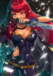 Rule 34 | 1girl, arm up, black cape, bodysuit, breasts, cape, choker, cleavage, clothing cutout, collarbone, commentary, covered mouth, dagger, dark background, facial mark, fire emblem, fire emblem engage, gold belt, hair ornament, highres, holding, holding dagger, holding knife, holding weapon, knife, long hair, looking at viewer, medium breasts, nintendo, pink choker, purple bodysuit, r123, red eyes, red hair, serious, side cutout, solo, star (symbol), star facial mark, star hair ornament, weapon, yunaka (fire emblem)