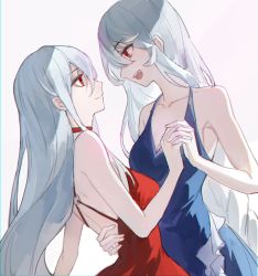 Rule 34 | 2girls, :d, alternate costume, arknights, backless dress, backless outfit, bare arms, bare back, bare shoulders, blue dress, dress, eye contact, grey background, grey hair, highres, holding hands, long hair, looking at another, multiple girls, open mouth, red dress, red eyes, skadi (arknights), sleeveless, sleeveless dress, smile, specter (arknights), upper body, very long hair, was775, yuri