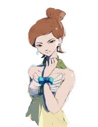 Rule 34 | 1girl, ace attorney, alita tiala, apollo justice: ace attorney, bare shoulders, black eyes, blue bow, bow, brown hair, closed mouth, commentary, dress, earrings, english commentary, green scarf, hair bun, hand up, highres, jewelry, looking at viewer, ribitta, scarf, short hair, simple background, single hair bun, solo, strapless, strapless dress, upper body, white background, yellow dress