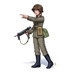 Rule 34 | 1girl, absurdres, ammunition pouch, bag, belt, black footwear, blue eyes, blush, boots, braid, breast pocket, brown hair, buttons, camouflage, camouflage headwear, chin strap, combat helmet, commentary, czechoslovak army, czechoslovakia, english commentary, full body, gun, gun sling, helmet, highres, holding, holding gun, holding weapon, index finger raised, jacket, long sleeves, looking ahead, low twin braids, messenger bag, military, military uniform, open mouth, original, ostwindprojekt, outstretched arm, pants, pants tucked in, pocket, pointing, pouch, shadow, shoulder bag, shoulder boards, simple background, solo, stahlhelm, standing, twin braids, uniform, weapon, weapon request, white background