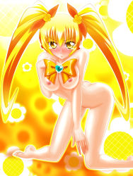 Rule 34 | 10s, 1girl, blonde hair, breasts, cure sunshine, engo (aquawatery), hair ribbon, heart, heartcatch precure!, kneeling, long hair, magical girl, medium breasts, myoudouin itsuki, nipples, nude, precure, ribbon, solo, tears, twintails, yellow background, yellow eyes