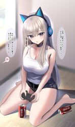 Rule 34 | 1girl, animal ear headphones, animal ears, bad id, bad twitter id, bare arms, bare shoulders, barefoot, black shorts, blurry, blurry background, blush, breasts, can, cat ear headphones, cat ears, cleavage, collarbone, controller, drink can, fake animal ears, grey eyes, grey hair, hanasaka houcha, headphones, headset, highres, holding, indoors, kneeling, large breasts, long hair, original, parted lips, shirt, short shorts, shorts, sleeveless, soda can, solo, thighs, translation request, white shirt
