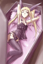 Rule 34 | 1girl, arc system works, armpits, arms up, black panties, blazblue, blonde hair, box, breasts, camisole, coffin, frills, garter belt, in box, in container, lingerie, long hair, lying, marumi, one eye closed, panties, rachel alucard, red eyes, ribbon, side-tie panties, small breasts, solo, thighhighs, twintails, underwear, wink