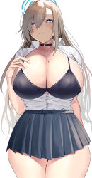 Rule 34 | 1girl, absurdres, asuna (blue archive), black bra, black choker, black skirt, blue archive, blue eyes, blush, bra, breasts, choker, cleavage, closed mouth, commentary request, grey hair, halo, heart, heart-shaped pupils, highres, huge breasts, long hair, looking at viewer, miniskirt, mole, mole on breast, namazu (yamasonson), pleated skirt, shirt, shirt tucked in, skirt, smile, solo, symbol-shaped pupils, thighs, underwear, white shirt