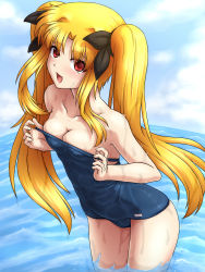 Rule 34 | 00s, 1girl, :d, absurdres, bare shoulders, blonde hair, blush, bow, breasts, cleavage, cloud, covered navel, day, covered erect nipples, fate testarossa, hair bow, highres, horizon, long hair, lyrical nanoha, mahou shoujo lyrical nanoha, medium breasts, ocean, one-piece swimsuit, open mouth, red eyes, school swimsuit, sky, smile, solo, strap slip, swimsuit, taro, twintails, undressing, wading, water, wet