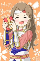 Rule 34 | 1girl, amagumo1023, armor, brown hair, closed eyes, dated, facing viewer, fire emblem, fire emblem fates, gift, hana (fire emblem), happy birthday, headband, highres, holding, holding gift, japanese armor, katana, nintendo, open mouth, samurai, solo, sword, weapon