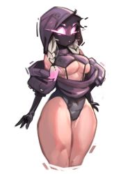 Rule 34 | 1girl, black hair, black leotard, black skin, braid, breasts, center opening, colored skin, cropped legs, elbow gloves, gloves, glowing, glowing eyes, grey hair, highres, hood, hood up, kelvin hiu, large breasts, legs together, leotard, looking at viewer, multicolored hair, no mouth, no pupils, off-shoulder sweater, off shoulder, original, purple eyes, purple sweater, revealing clothes, solo, standing, suspenders, sweater, thick thighs, thighs, twin braids, two-tone hair, underboob, violet (kelvin hiu)