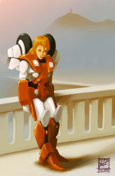 Rule 34 | 1girl, against railing, armor, blonde hair, brown eyes, fog, gloves, houquet et rose, jaquio, kikou souseiki mospeada, lips, long hair, looking at viewer, mecha, mospeada, mospeada (mecha), power armor, railing, realistic, robot, science fiction, serious, signature