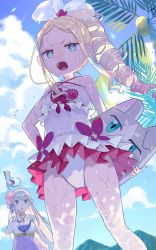 Rule 34 | 2girls, alternate costume, alternate hairstyle, bare arms, bead bracelet, beads, beatrice (re:zero), blonde hair, blue eyes, bracelet, butterfly-shaped pupils, cat, character print, cloud, commentary request, covered navel, day, drill hair, drill ponytail, emilia (re:zero), eyelashes, from below, hair ribbon, hand up, highres, jewelry, long hair, multiple girls, necklace, one-piece swimsuit, open mouth, outdoors, parupin, puck (re:zero), re:zero kara hajimeru isekai seikatsu, ribbon, sidelocks, sky, swimsuit, symbol-shaped pupils, teeth, tongue, upper teeth only, v-shaped eyebrows, wet, white one-piece swimsuit, white ribbon