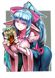 Rule 34 | 1girl, ass, bare shoulders, blue hair, blush, book, bow, breasts, cleavage, hair bow, highres, japanese clothes, kousaku, large breasts, leaning forward, long hair, looking at viewer, original, pointy ears, red eyes, smile, solo, wide sleeves