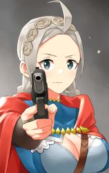 Rule 34 | 1girl, absurdres, ahoge, aiming, aiming at viewer, blue eyes, breasts, commission, commissioner upload, fire emblem, fire emblem fates, grey background, grey hair, gun, hairband, handgun, highres, holding, igni tion, large breasts, looking at viewer, nina (fire emblem), nintendo, pointing, pointing at viewer, simple background, solo, upper body, weapon