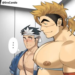 Rule 34 | ..., 2boys, bara, bardo (ero condo), bare pectorals, black hair, blush, brown hair, chest hair, closed mouth, commentary, da thach (kienbiu), dyed bangs, ear piercing, english commentary, ero condo, from side, girl staring at guy&#039;s chest (meme), headband, highres, japanese clothes, kienbiu, kimono, large pectorals, looking at another, male focus, meme, multicolored hair, multiple boys, muscle envy, muscular, muscular male, nipples, official art, open clothes, open kimono, pectoral focus, pectorals, piercing, ponytail, scar, scar on face, short hair, twitter username, two-tone hair, undercut, upper body, white hair, yaoi