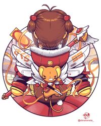 Rule 34 | 1girl, 1other, antenna hair, artist name, brown hair, bruno mota, card, cardcaptor sakura, child, commentary, dress, english commentary, from behind, hair bun, highres, holding, holding spoon, kero (cardcaptor sakura), kinomoto sakura, looking at viewer, mage staff, magical girl, solo focus, spoon, teeth, twintails, upper body, wand, weapon, white background, white wings, wings