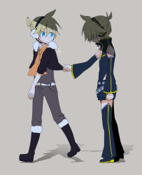 Rule 34 | 2boys, asymmetry (module), belt, black legwear, black pants, black shirt, blonde hair, blue eyes, boots, commentary, dual persona, earmuffs, fur-trimmed boots, fur-trimmed jacket, fur trim, head down, headphones, headset, ichiha (18o o81), jacket, kagamine len, knee boots, looking at another, looking back, male focus, multiple boys, neckerchief, orange neckerchief, pants, project diva (series), punkish (module), shadow, shirt, shirt tug, short ponytail, short shorts, shorts, spiked hair, symbol-only commentary, thighhighs, tug, vocaloid, waist cutout