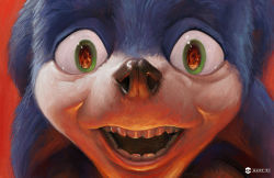 Rule 34 | 1boy, animal nose, artist name, blue fur, blue hair, body fur, creepy, dated, derivative work, eye reflection, fire, furry, furry male, green eyes, happy, horror (theme), long hair, looking at viewer, male focus, marc pi, oil painting (medium), open mouth, painting (medium), realistic, red background, reflection, screenshot redraw, signature, simple background, smile, solo, sonic (live action), sonic (series), sonic the hedgehog, sonic the hedgehog (film), teeth, traditional media, two-tone fur, ugly sonic, underlighting, watermark, white fur, wide-eyed