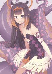 Rule 34 | 1girl, absurdres, animal ears, bare shoulders, black hair, black leotard, blue eyes, blush, breasts, cleavage, closed mouth, collarbone, cowboy shot, detached collar, detached sleeves, extra ears, flower knot, fur-trimmed collar, fur trim, gradient hair, grey background, halo, highres, hikagekko, hololive, hololive english, leaning forward, leotard, long hair, looking at viewer, miniskirt, mole, mole under eye, multicolored hair, ninomae ina&#039;nis, ninomae ina&#039;nis (1st costume), orange hair, orange skirt, pleated skirt, pointy ears, simple background, single sleeve, single thighhigh, skirt, small breasts, smile, solo, straight hair, tassel, tentacle hair, tentacles, thighhighs, tiara, two-tone hair, virtual youtuber, white thighhighs, wings