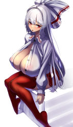 Rule 34 | 1girl, bow, breasts, buttons, cleavage, collared shirt, covered erect nipples, fujiwara no mokou, hair bow, highres, hime cut, huge breasts, long hair, long sleeves, miniskirt, open clothes, open shirt, red eyes, red skirt, red thighhighs, shirt, sidelocks, simple background, skirt, solo, textless version, thick thighs, thighhighs, thighs, touhou, very long hair, white background, white hair, white shirt, yukito (dreamrider)