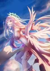 Rule 34 | 1girl, angel wings, asymmetrical legwear, breasts, commentary request, spiked halo, crop top, deadjdk, feathered wings, gloves, halo, highres, jibril (no game no life), large breasts, long hair, low wings, magic circle, midriff, mismatched legwear, navel, no game no life, open mouth, pink hair, sideboob, solo, tattoo, very long hair, white wings, wing ears, wings, yellow eyes