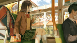 Rule 34 | 6+girls, against glass, blazer, blush, bow, bowtie, brown hair, brown jacket, bus interior, collared shirt, day, food, from side, green skirt, hand up, highres, holding, holding food, holding pocky, jacket, kotatiyu, mask, medium hair, miniskirt, mouth mask, multiple girls, original, pleated skirt, pocky, profile, red bow, red bowtie, school uniform, shirt, sign, sitting, skirt, socks, solo focus, surgical mask, sweater vest, translation request, vest, white legwear, white shirt, wing collar, yellow vest
