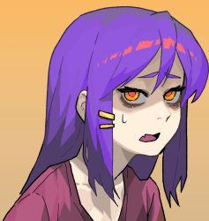 Rule 34 | 1girl, blythe (hcnone), d:, fang, gogalking, hair down, hair ornament, hairclip, long hair, looking at viewer, open mouth, original, purple hair, red pupils, red shirt, shirt, skin fang, solo, yellow background, yellow eyes