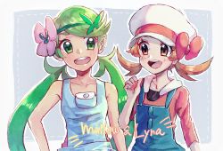 Rule 34 | 2girls, :d, blush, brown eyes, brown hair, character name, collarbone, colored eyelashes, commentary request, creatures (company), eye contact, eyelashes, flower, game freak, green eyes, green hair, hair flower, hair ornament, hand up, hanenbo, happy, hat, hat ribbon, highres, long hair, looking at another, lyra (pokemon), mallow (pokemon), multiple girls, nintendo, open mouth, overalls, pokemon, pokemon hgss, pokemon sm, ribbon, smile, swept bangs, teeth, twintails, upper body, white headwear