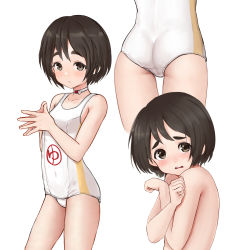 Rule 34 | 1girl, absurdres, ass, black hair, blush, brown eyes, choker, clenched hands, commentary, contrapposto, covering privates, covering breasts, cowboy shot, crossed arms, embarrassed, grimace, highres, kantai collection, kibitarou, looking at viewer, maru-yu (kancolle), multiple views, nude, one-piece swimsuit, open mouth, petite, school swimsuit, short hair, simple background, steepled fingers, swimsuit, teeth, thick eyebrows, thigh gap, upper body, upper teeth only, white background, white choker, white one-piece swimsuit