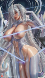 Rule 34 | 1girl, abara art, absurdres, armpits, bodysuit, breasts, cinderella (nikke), convenient censoring, cowboy shot, goddess of victory: nikke, grey bodysuit, hair over one eye, highres, large breasts, lips, long hair, looking at viewer, midriff, navel, nipples, patreon username, red eyes, skindentation, solo, twintails, very long hair, white hair