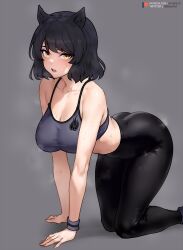 Rule 34 | 1girl, all fours, alternate costume, animal ears, ass, bare shoulders, black hair, black pants, blake belladonna, bluefield, breasts, cat ears, cat girl, collarbone, commentary, curvy, feet out of frame, highres, large breasts, looking at viewer, midriff, open mouth, pants, rwby, short hair, solo, sports bra, sportswear, steaming body, sweat, tight clothes, tight pants, wide hips, wristband, yellow eyes, yoga pants