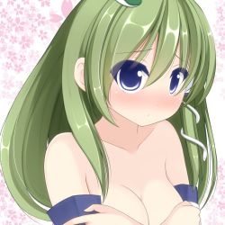 Rule 34 | 1girl, blue eyes, blush, breasts, chimney, chimunge, cleavage, covering privates, covering breasts, detached sleeves, female focus, frog hair ornament, green hair, hair ornament, hair tubes, highres, kochiya sanae, snake hair ornament, solo, topless, touhou
