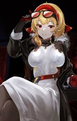 Rule 34 | 1girl, absurdres, anizi, arm up, black gloves, black jacket, blonde hair, breasts, brown pantyhose, crossed legs, dress, earrings, eyewear on head, gloves, highres, hololive, hololive indonesia, jacket, jewelry, kaela kovalskia, large breasts, long sleeves, looking at viewer, medium hair, open clothes, open jacket, pantyhose, parted lips, red eyes, sitting, smile, solo, sunglasses, virtual youtuber, white dress