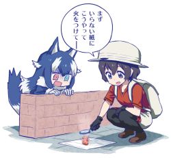 Rule 34 | 10s, 2girls, animal ears, backpack, bad id, bad twitter id, bag, black eyes, black gloves, black hair, blue eyes, blue hair, brick, brown footwear, bucket hat, burning, commentary request, fire, full body, fur collar, gloves, grey wolf (kemono friends), hair between eyes, hair flaps, hat, heterochromia, holding, hori (hori no su), kaban (kemono friends), kemono friends, long hair, long sleeves, magnifying glass, multicolored hair, multiple girls, open mouth, pantyhose, pantyhose under shorts, paper, red eyes, red shirt, shirt, shoes, short hair, short sleeves, shorts, speech bubble, squatting, tail, tail raised, text focus, translation request, two-tone hair, v-neck, v-shaped eyebrows, white gloves, white hair, white hat, white shorts, wolf ears, wolf tail