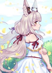 Rule 34 | 1girl, absurdres, animal ear fluff, animal ears, artist name, bare shoulders, blue sky, blunt bangs, cat ears, closed mouth, cloud, commentary, dated, dress, english commentary, eyelashes, falling petals, fehden, grabbing own arm, grey hair, highres, long hair, nia (blade) (xenoblade), nia (xenoblade), off-shoulder dress, off shoulder, outdoors, petals, sky, solo, twitter username, white dress, xenoblade chronicles (series), xenoblade chronicles 2, yellow eyes