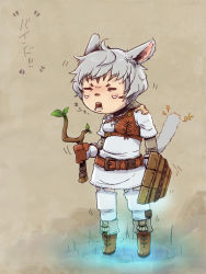 Rule 34 | 10s, 1girl, = =, animal ears, bad id, bad pixiv id, belt, boots, d:, final fantasy, final fantasy xiv, gloves, grey hair, miqo&#039;te, nucomas, open mouth, shield, solo, stick, tail, thighhighs, warrior of light (ff14)