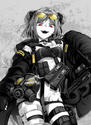 Rule 34 | 1girl, breasts, buckle, coat, commission, double bun, ebiblue, eyewear on head, female focus, fingerless gloves, gas mask, gesugao, girls&#039; frontline, gloves, gun, hair bun, highres, long sleeves, mask, monochrome, open mouth, p90 (girls&#039; frontline), partially colored, pouch, red eyes, short hair, snap-fit buckle, solo, spot color, standing, strap, sunglasses, tactical clothes, thigh strap, weapon