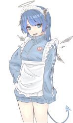 Rule 34 | absurdres, apron, arknights, bare legs, blue eyes, blue jacket, blue tongue, candy, colored tongue, commentary request, demon horns, demon tail, detached wings, ear piercing, energy wings, fallen angel, food, frilled apron, frills, gyunyuoino me, halo, highres, horns, jacket, jersey maid, lollipop, long sleeves, maid, maid apron, maid headdress, mostima (arknights), no pants, piercing, simple background, sleeves past fingers, sleeves past wrists, tail, track jacket, unconventional maid, white background, wings, zipper
