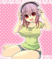 Rule 34 | 1girl, barefoot, blush, breasts, female focus, headphones, large breasts, long hair, looking at viewer, nitroplus, open mouth, pink hair, seiza, sitting, smile, solo, super sonico, yakico