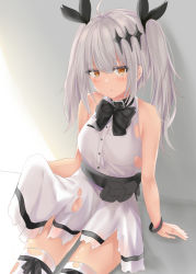 Rule 34 | 1girl, arm support, bag, bare arms, bare shoulders, black bow, black ribbon, blush, bow, breasts, brown eyes, commentary request, dress, five-seven (girls&#039; frontline), girls&#039; frontline, groin, hair between eyes, hair ornament, hair ribbon, head tilt, highres, long hair, looking at viewer, medium breasts, ribbon, ru zhai, satchel, silver hair, sitting, skirt hold, sleeveless, sleeveless dress, solo, thighhighs, torn clothes, torn dress, torn thighhighs, twintails, white dress, white thighhighs