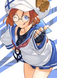 Rule 34 | 1girl, absurdres, akisa yositake, anchor ornament, april (guilty gear), blue eyes, brown hair, collarbone, cowboy shot, fingerless gloves, glasses, gloves, guilty gear, guilty gear strive, hand on own hip, hat, highres, long sleeves, looking at viewer, one eye closed, short hair, skirt, solo, thumbs up, tongue, tongue out