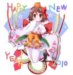Rule 34 | 1girl, 2010, bad id, bad pixiv id, black footwear, blush, bow, brown eyes, brown hair, closed mouth, commentary request, fan hair ornament, food, fruit, full body, geta, hair between eyes, hair bow, happy new year, hizukiryou, japanese clothes, jumping, kimono, looking at viewer, mandarin orange, new year, obi, original, red bow, red sash, sash, short hair, sleeves past wrists, smile, solo, thighhighs, white background, white kimono, white thighhighs, wide sleeves, yellow bow