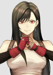 Rule 34 | 1girl, bare shoulders, black hair, clenched hand, closed mouth, earrings, final fantasy, final fantasy vii, fingerless gloves, fist in hand, gloves, jewelry, light smile, long hair, looking at viewer, red eyes, red gloves, single earring, solo, suspenders, tank top, tifa lockhart, upper body, usui natrium, white tank top