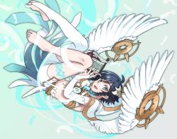Rule 34 | 1boy, alternate costume, androgynous, barefoot, black hair, blue hair, braid, bridal gauntlets, bridal legwear, capelet, commentary, commentary request, crop top, elbow gloves, feathered wings, feathers, flower, genshin impact, gloves, gradient hair, green eyes, hair flower, hair ornament, highres, holding, holding instrument, hood, hood down, hooded capelet, idomiz, instrument, leg tattoo, looking at viewer, lyre, male focus, midriff, multicolored hair, navel, open mouth, short hair with long locks, shorts, simple background, single thighhigh, sleeveless, smile, solo, symbol-only commentary, tattoo, thighhighs, twin braids, venti (archon) (genshin impact), venti (genshin impact), white flower, white shorts, white thighhighs, wings