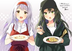 Rule 34 | 2girls, anbutter siruko, artist name, blush, buttons, commission, dated, dress, food, green eyes, green hair, green headwear, green jacket, grey hair, hair between eyes, hat, headband, holding, holding plate, holding spoon, jacket, kantai collection, long hair, long sleeves, multiple girls, open mouth, plate, red dress, red headband, shirt, short sleeves, shoukaku (kancolle), signature, skeb commission, smile, spoon, white shirt, yellow eyes, zuikaku (kancolle)