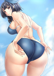 Rule 34 | 10s, 1girl, adjusting clothes, adjusting swimsuit, ass, black hair, breasts, hat, huge ass, kantai collection, kinntarou, large breasts, looking back, red eyes, short hair, swimsuit, takao (kancolle)