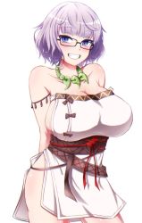 Rule 34 | 1girl, arms behind back, blue eyes, breasts, cosplay, fate/grand order, fate (series), glasses, grey hair, grin, highres, himiko (fate), himiko (fate) (cosplay), himiko (first ascension) (fate), jacques de molay (foreigner) (fate), jewelry, large breasts, magatama, magatama necklace, necklace, sideboob, smile, sotomichi, white background