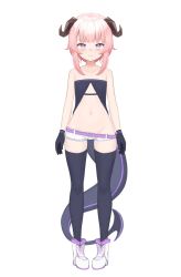 Rule 34 | 1girl, absurdres, ankle boots, belt, black thighhighs, blush, boots, child, closed mouth, commentary, english commentary, flat chest, full body, highres, horns, klaius, looking at viewer, medium hair, micro shorts, navel, original, pigeon-toed, pink belt, pink hair, purple eyes, short shorts, shorts, simple background, smile, solo, standing, tachi-e, tail, thighhighs, virtual youtuber, white background, white footwear, white shorts